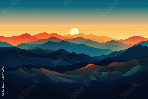 Birds eye view of the mountains sunset. Beautiful illustration picture. Generative AI