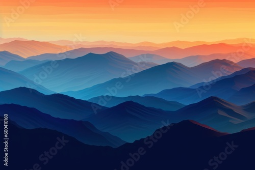 Fog on the top. Birds eye view of the mountains sunset. Beautiful illustration picture. Generative AI