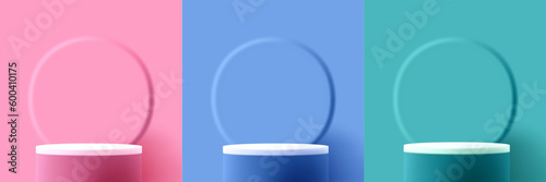 Set of 3d render realistic cylinder podium. Backdrop with convex circle and same color pedestal with white top