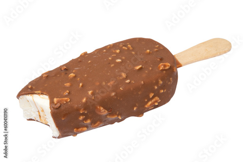 Chocolate ice cream on stick. Isolated on white background.