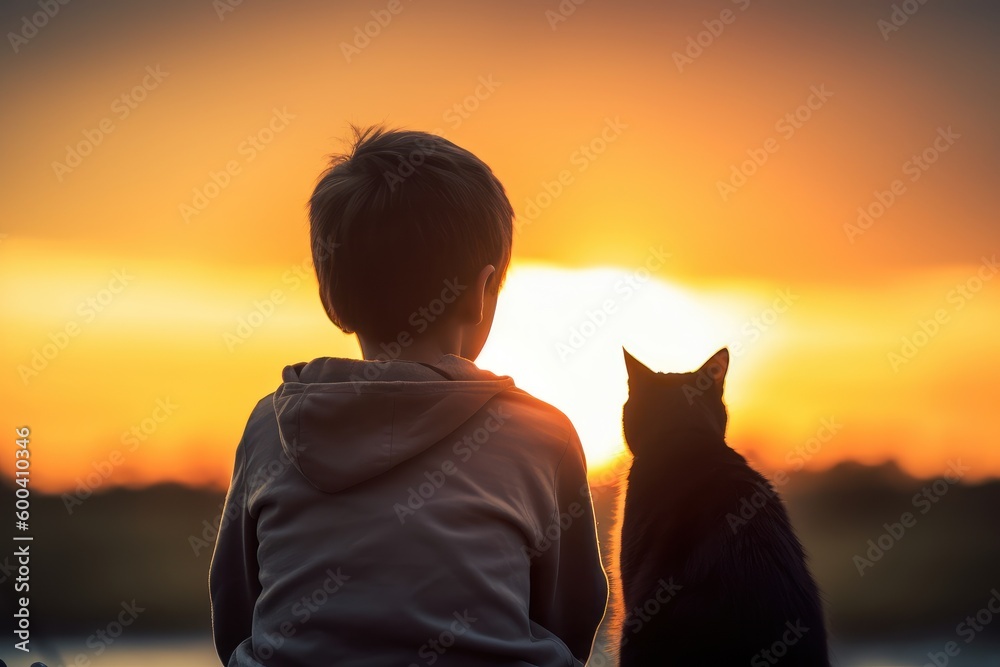 Boy is sitting next to his cat, facing the sunset. Beautiful illustration picture. Generative AI