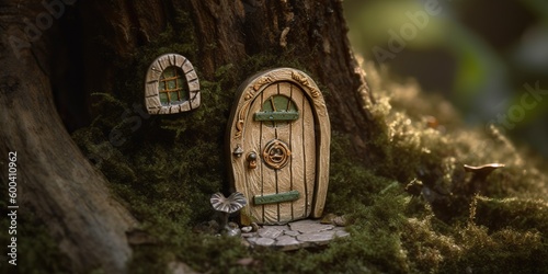 A tiny door and window on a tree trunk, suggesting the enchanting world of fairies and woodland creatures, concept of Magical Realms, created with Generative AI technology photo