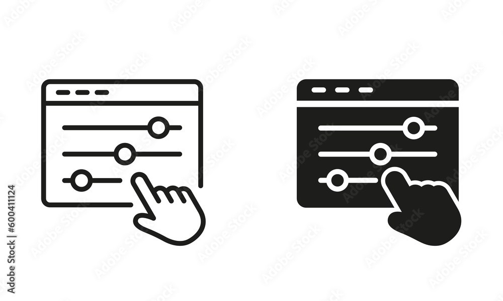 Control Panel Line and Silhouette Icon Set. Adjustment Button with Hand Pictogram. Control Panel and Pointer Sign. Multimedia Adjusting Symbol Collection. Isolated Vector Illustration Control Panel Line and Silhouette Icon Set. Adjustment Button with Hand Pictogram. Control Panel and Pointer Sign. Multimedia Adjusting Symbol Collection. Isolated Vector Illustration