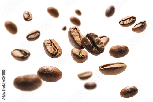 Falling roasted coffee beans isolated on white background with selective focus © dewaai