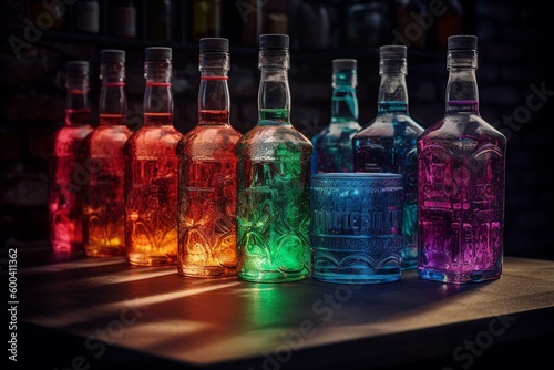 Colorful bottles representing alcoholic drinks. Generative AI