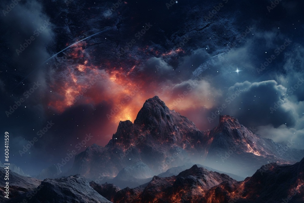 Cosmic fantasy backdrop with starry sky, vibrant galaxies, and twinkling lights. Generative AI
