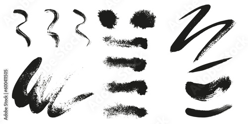 Brush Stroke in Abstract Shape Set. Dirty Swirl Splash, Wawy Splotch Blot. Grunge Paint, Black Brushstroke, Paintbrush Texture. Abstract Graphic Element. Isolated Vector Illustration