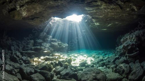 Sunlight Beams in Underwater Cenote Cave, Cavediving Exploration and Adventures. Stalactites Landscape. Digital illustration. Generative AI