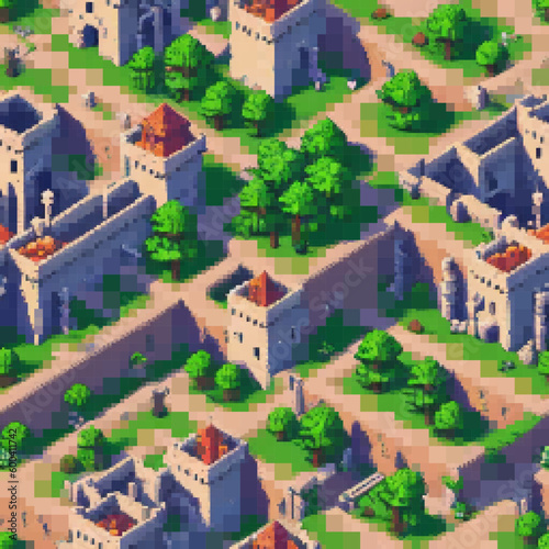 Medieval fortress. Seamless pattern. Vector pixelated illustration. Rectangular design.