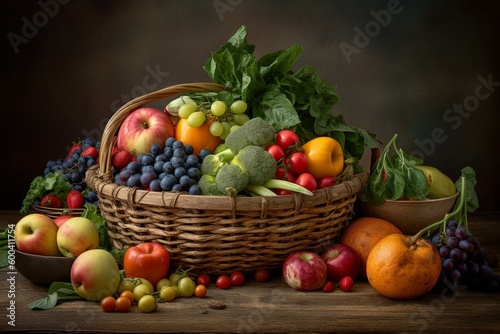 Colorful basket of produce depicted in watercolors. Generative AI