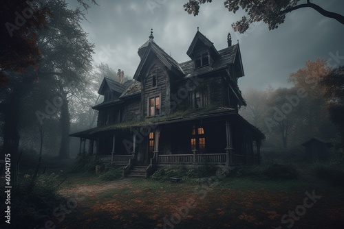 Stroll through spooky Halloween scenery with a horrifying haunted house. Trick or treat. Generative AI