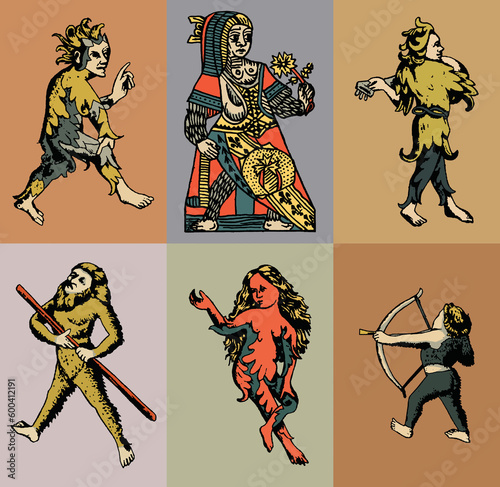 Set of hand drawn vintage character creature vector illustrations.