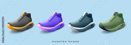 3d render illustration set of sport wear sneakers for run and working out in different colours, sneakers design