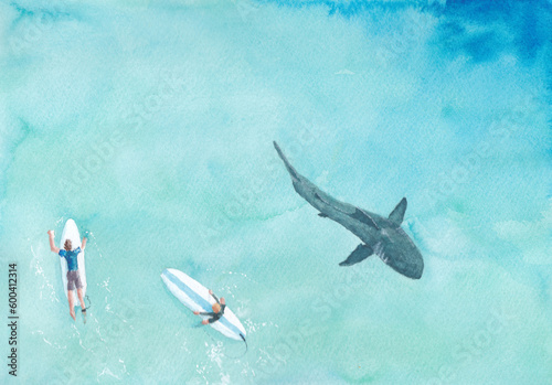 Watercolour painting of aerial view of surfers and a shark below the water minding it's own business.