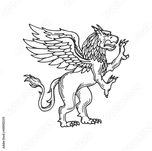 Heraldic Medieval animal sketch, eagle lion or griffin monster, vector heraldry symbol. Heraldic lion with eagle wings or rampant fantasy creature and mythic beast for gothic heraldic coat of arms