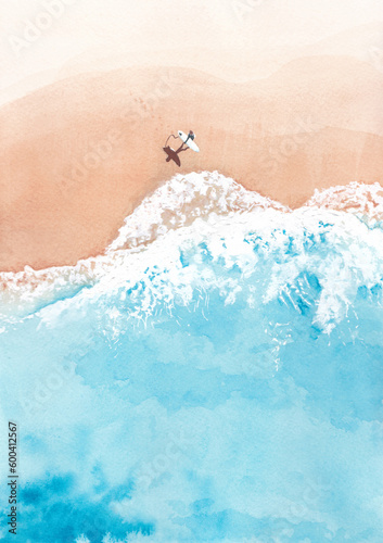 Watercolour painting of an aerial view of a surfer walking along the beach