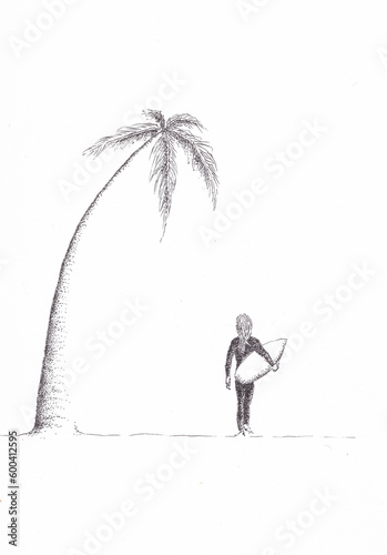 Pen and ink drawing of a female surfer walking to the sea.