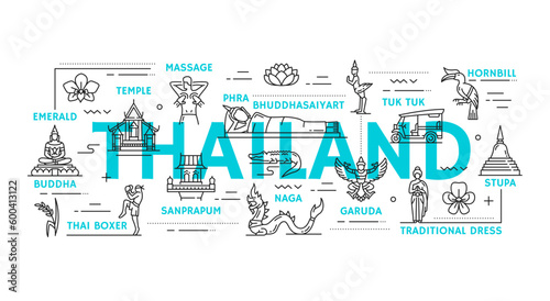Thailand travel icons, Thai landmarks, culture, food and traditions, vector line symbols. Thailand tourism attractions of Buddha temple, Bangkok food and Thai massage, tuk tuk or Muay Thai boxing