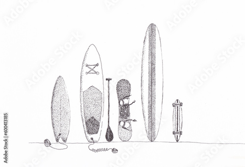 Pen and ink drawing of a quiver of boards for surf, snow, skate and paddle