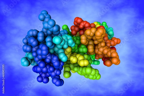 Human beta-defensin-2. Space-filling molecular model based based on protein data bank entry 1fd3. Rainbow coloring from N to C. Scientific background. 3d illustration