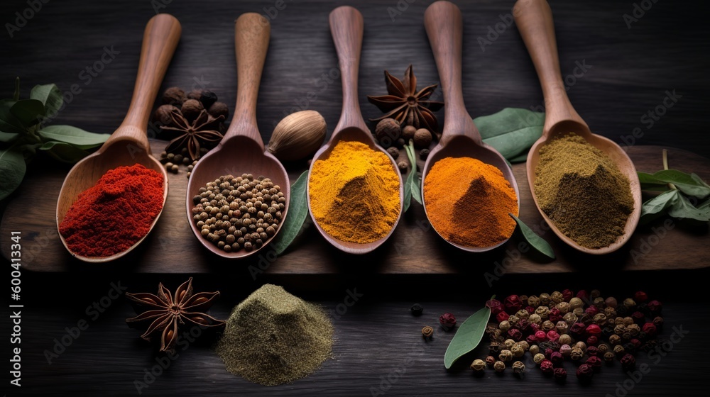 Spices and herbs on wooden table, Generative AI Spices and herbs on wooden table, Generative AI