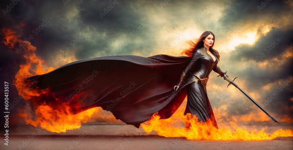 A beautiful pyromancer woman dressed in black holding a sword.