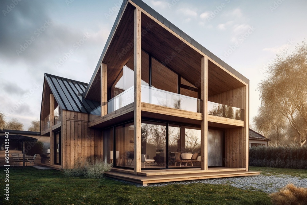 Modern single-family house made of wood. Generative AI