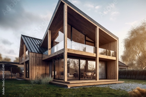 Modern single-family house made of wood. Generative AI © Nyla