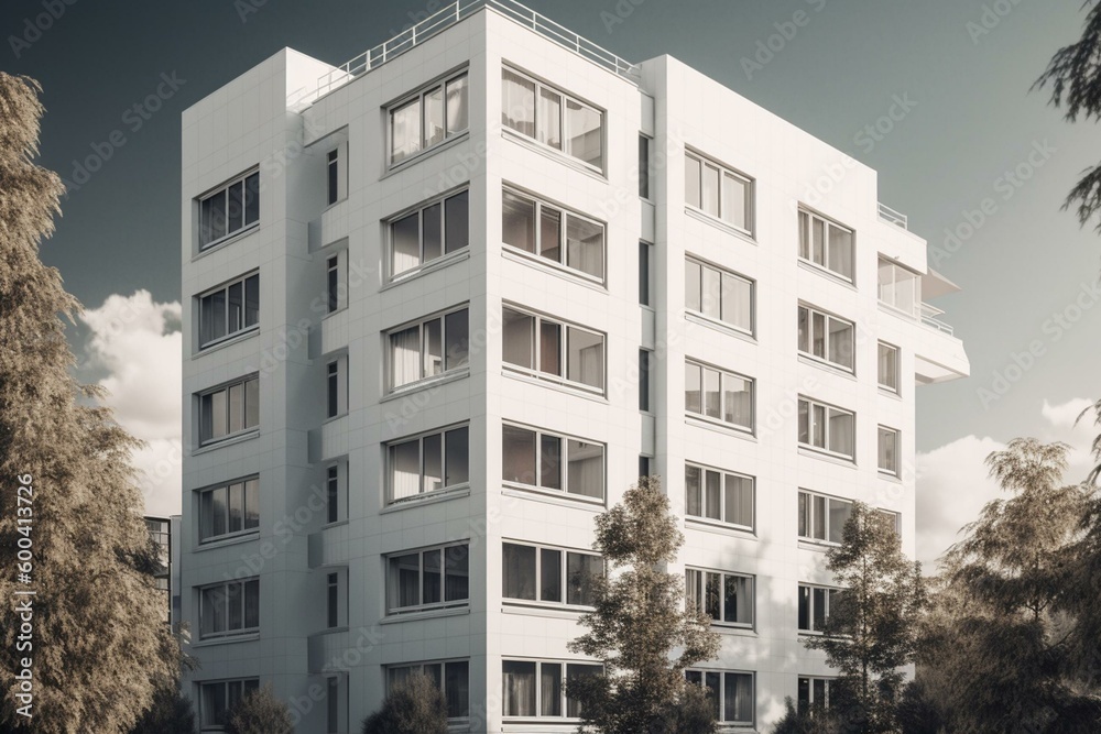 CG illustration of white building. Generative AI