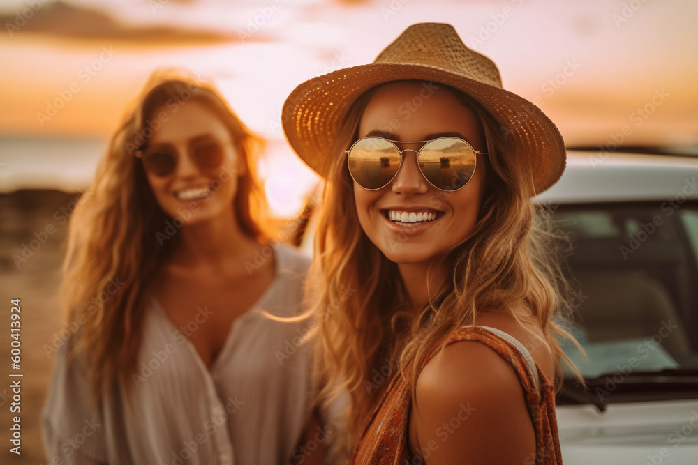 Women friends, portrait and car trunk on road trip, beach or relax on holiday for sunset with smile. Woman, outdoor and friendship happiness, ocean vacation or sunglasses for summer sunshine together - obrazy, fototapety, plakaty 