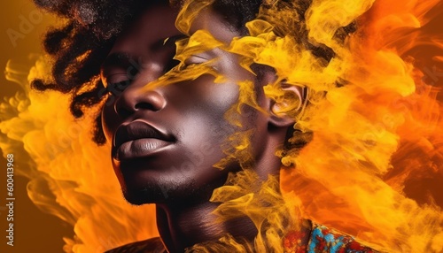 Beautiful black man. Striking low-key image, radiant colors, portrait. Beautiful illustration picture. Generative AI