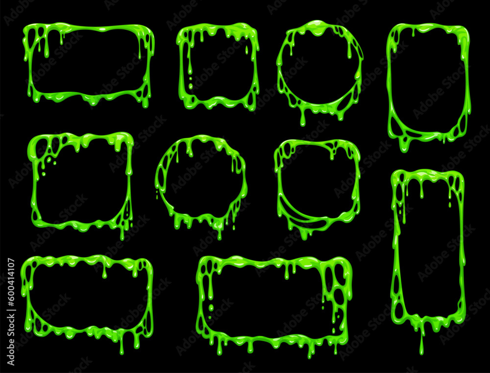 Cartoon green slime frames. Halloween holiday creepy background, vector spooky round, square and rectangle frames with flowing and dripping goo, poisonous liquid, green paint or slime - obrazy, fototapety, plakaty 