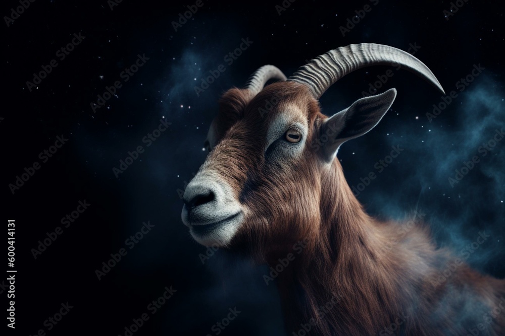 Goat symbolizing Capricorn zodiac sign on dark nebula background. Generative AI