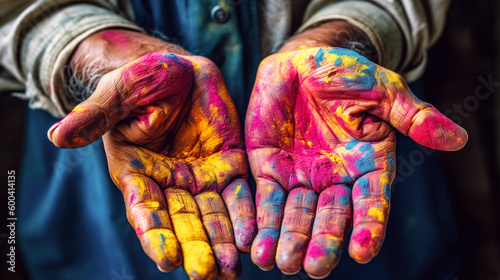 Artistic hands, Covered in vibrant colorful dust, weave a tale of creativity as they skillfully craft the latest masterpiece, each stroke telling a story. Generative AI © neo