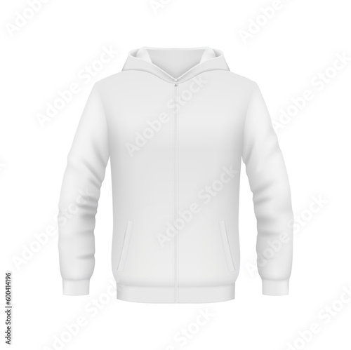 Hoodie, white sweatshirt isolated vector mockup for men or women front view. Hoody with long sleeves and zipper. Sport, casual or urban clothing, teenagers fashion, realistic 3d mock up