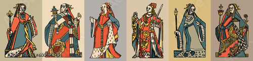 Set of hand drawn vector illustrations in the style of antique lady.