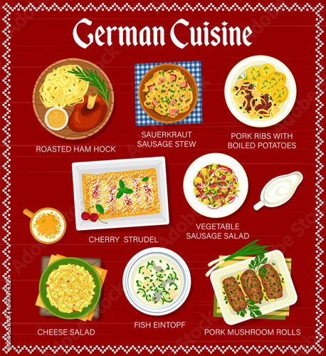 Polish cuisine restaurant menu. Faramushka soup, cabbage rolls and dumplings with potatoes, meat bread, hazelnut Mazurka and Kalduny, meatloaf ring with quail eggs, sausages and Bigos, carp with sauce