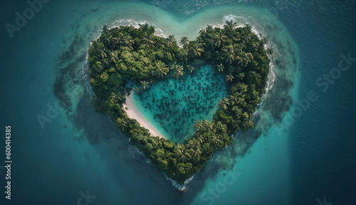 aerial view of heart-shaped green tropical island in ocean. generated by AI.