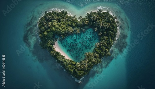 aerial view of heart-shaped green tropical island in ocean. generated by AI. © ver0nicka