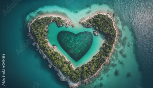 aerial view of heart-shaped green tropical island in ocean. generated by AI.