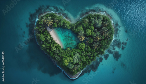 aerial view of heart-shaped green tropical island in ocean. generated by AI. © ver0nicka