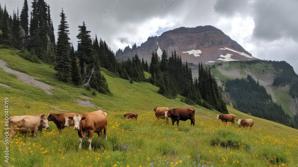 Cows Grazing on Wildflower Meadow with Snowy Peaks. Generative AI