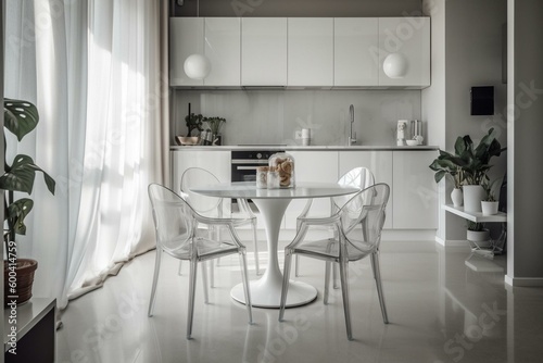White kitchen, resin chairs and round table in a studio apartment. Generative AI