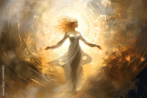 Purity and love with golden divine background. Generative Ai.