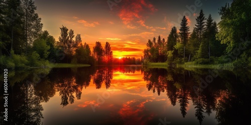 A vibrant sunset reflecting over a serene lake, surrounded by trees, concept of Nature's splendor, created with Generative AI technology