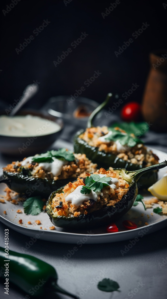 Easy Stuffed Poblanos decorated with sour cream, large roasted green jalapenos on a dark background, generativ ai Easy Stuffed Poblanos decorated with sour cream, large roasted green jalapenos on a dark background, generativ ai