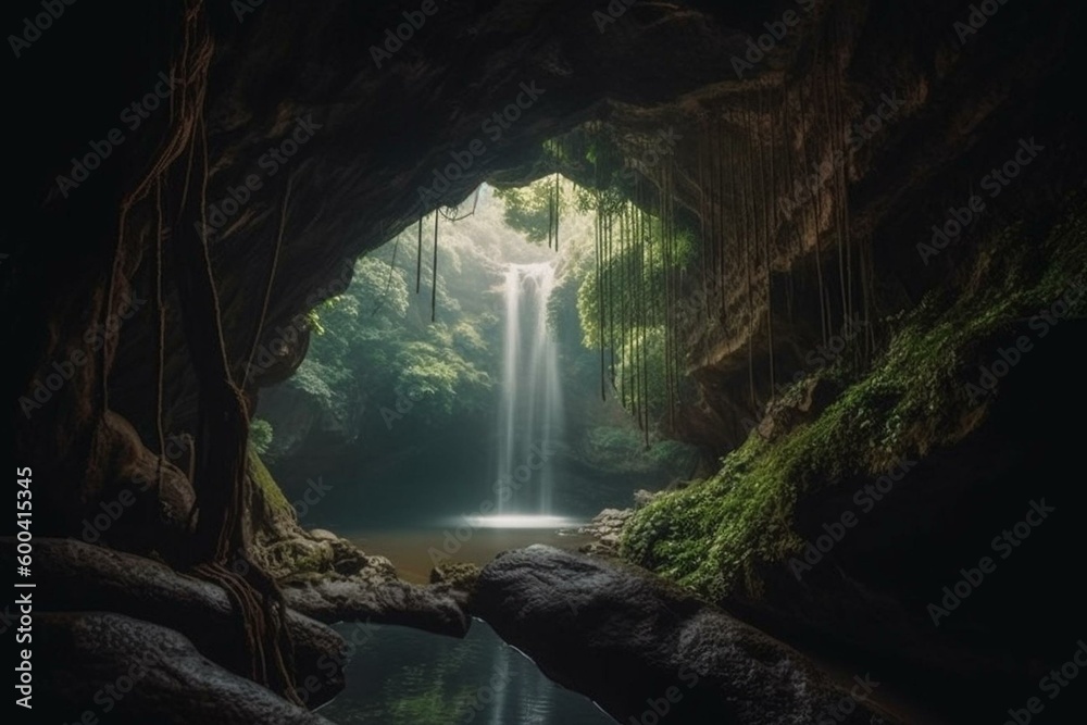 A waterfall cascades through a cave with a bridge spanning its center ...