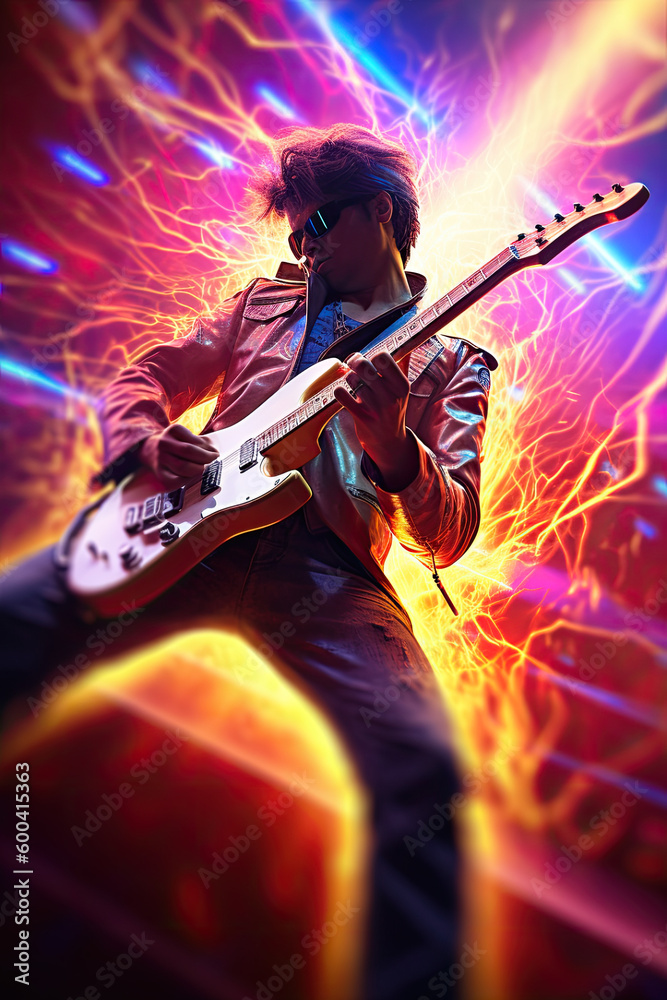 Fototapeta premium Abstract guitarist playing with colourful and dynamic energy, Generative AI, 