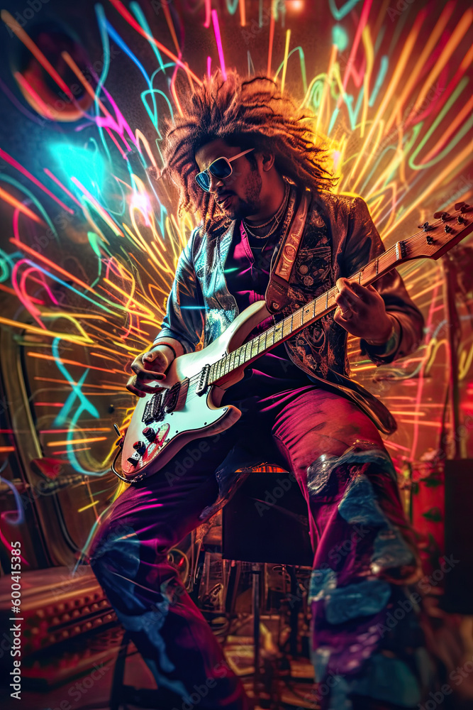 Abstract guitarist playing with colourful and dynamic energy, Generative AI, 