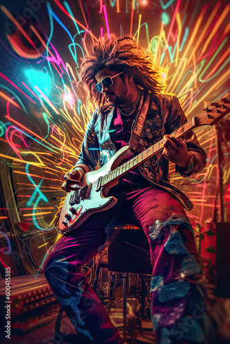 Abstract guitarist playing with colourful and dynamic energy, Generative AI, 